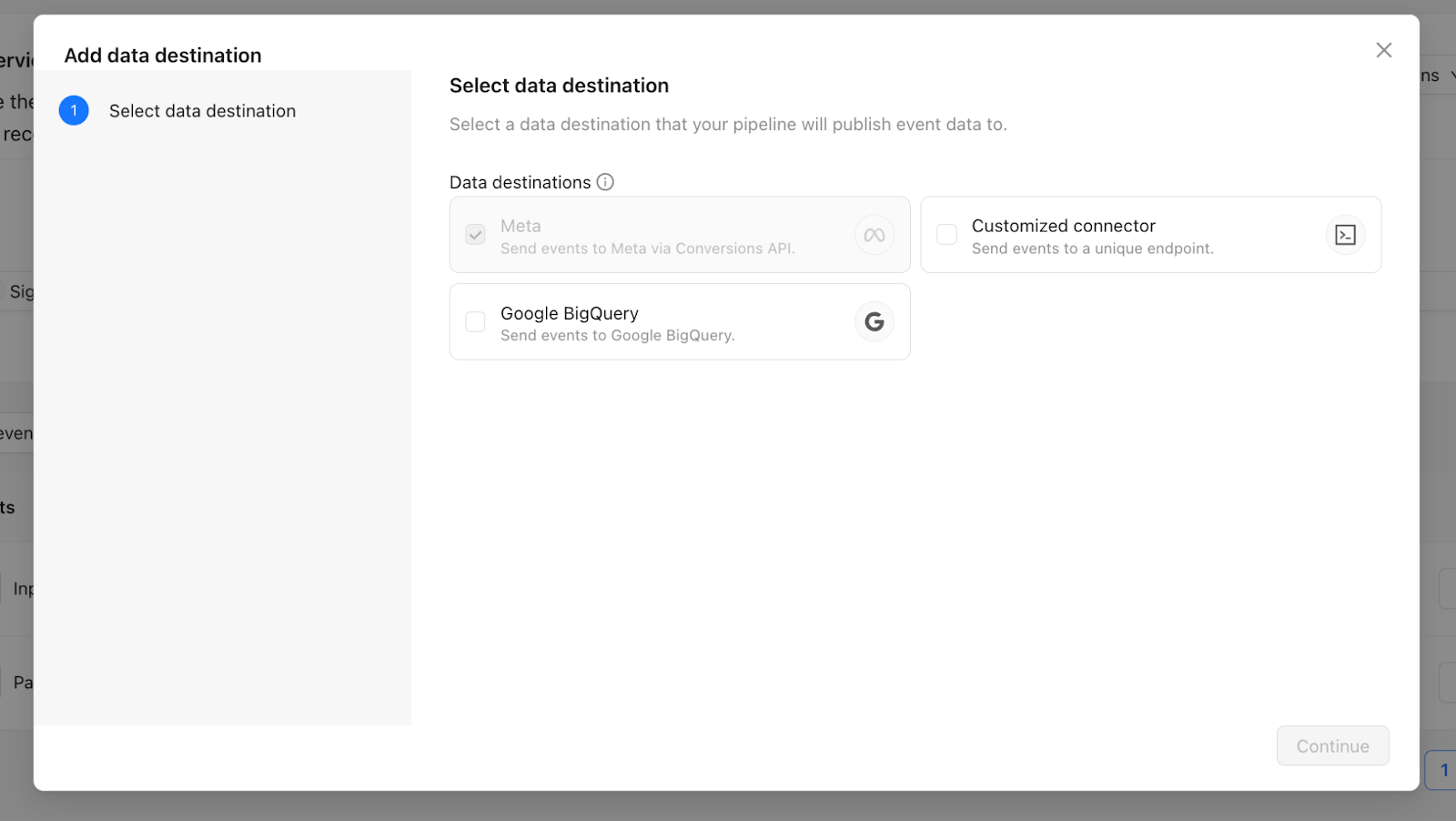 Al hacer clic en “+” debajo de “Destinos de datos”, podrá agregar datos de los archivos de forma automática o manual.