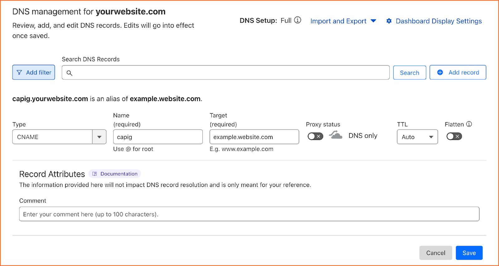 El siguiente paso requerirá que defina la configuración de DNS para el dominio personalizado.