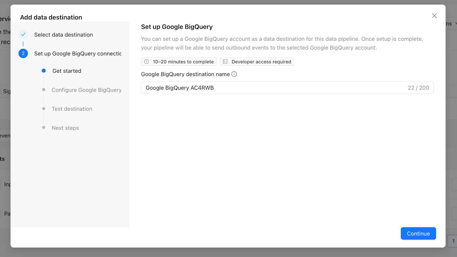 Si desea enviar eventos a Google BigQuery, haga clic en Google BigQuery y cree un nombre de destino.
