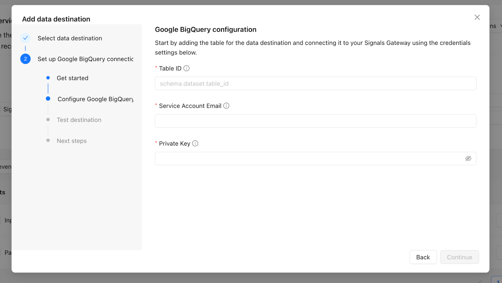 Haga clic en "Continuar" y acceda a su cuenta de BigQuery para asegurarse de que los datos se están recopilando.