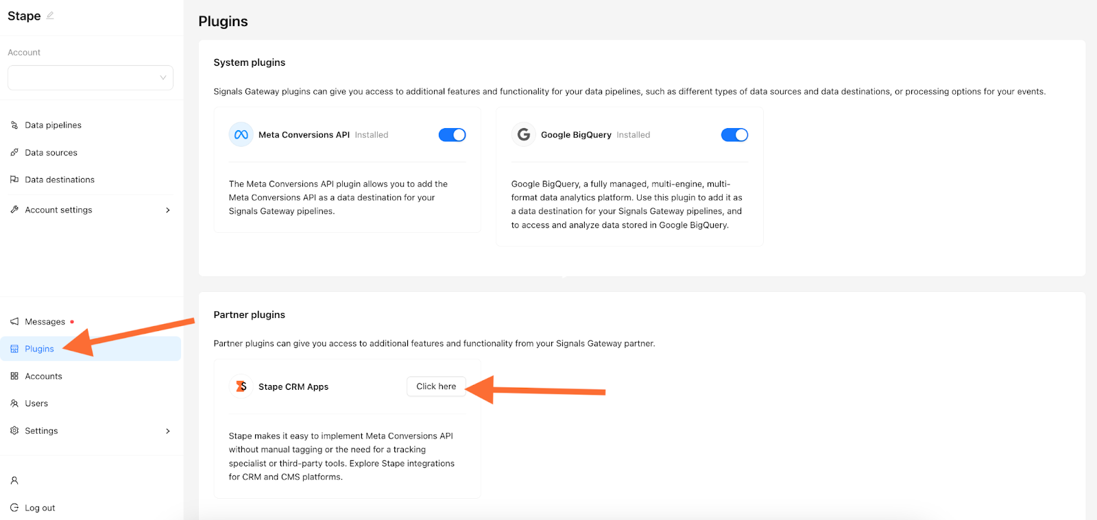En el menú de la izquierda, si hace clic en “Complementos”, verá Stape CRM Apps.