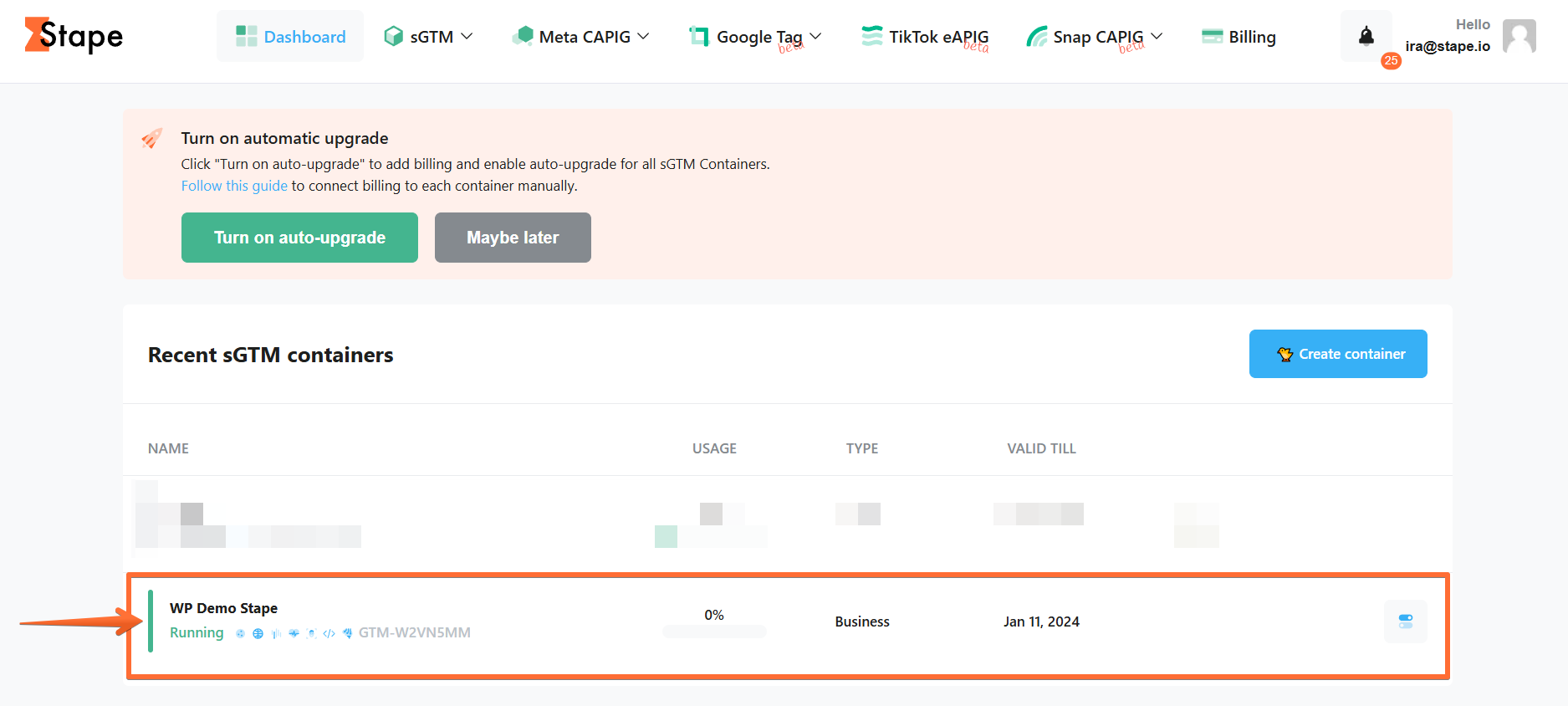Select your sGTM container on the dashboard