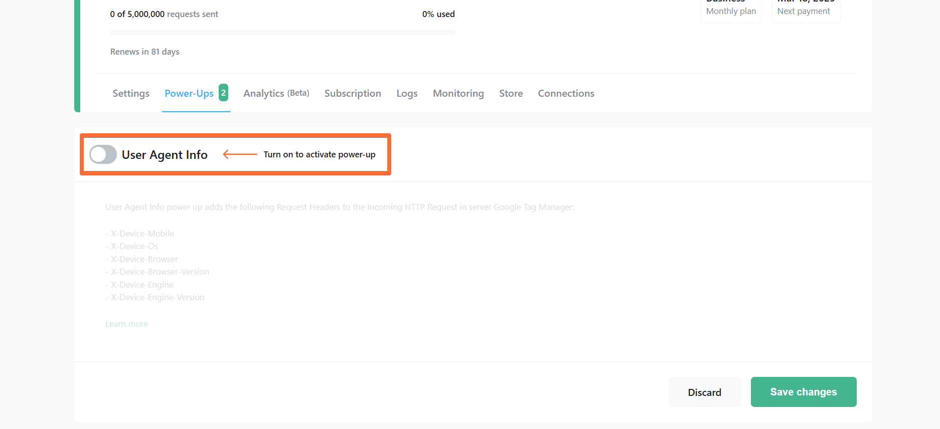 Toggle the User Agent Info switch