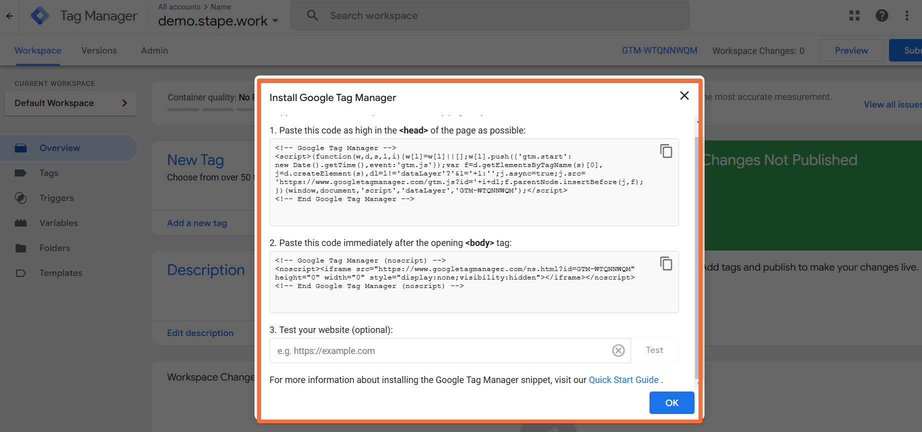 Information to install Google Tag Manager