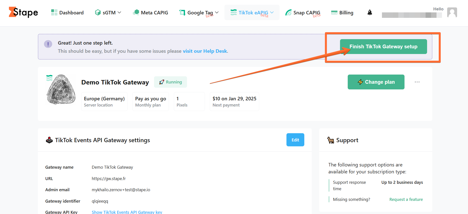 Click Finish TikTok Gateway setup