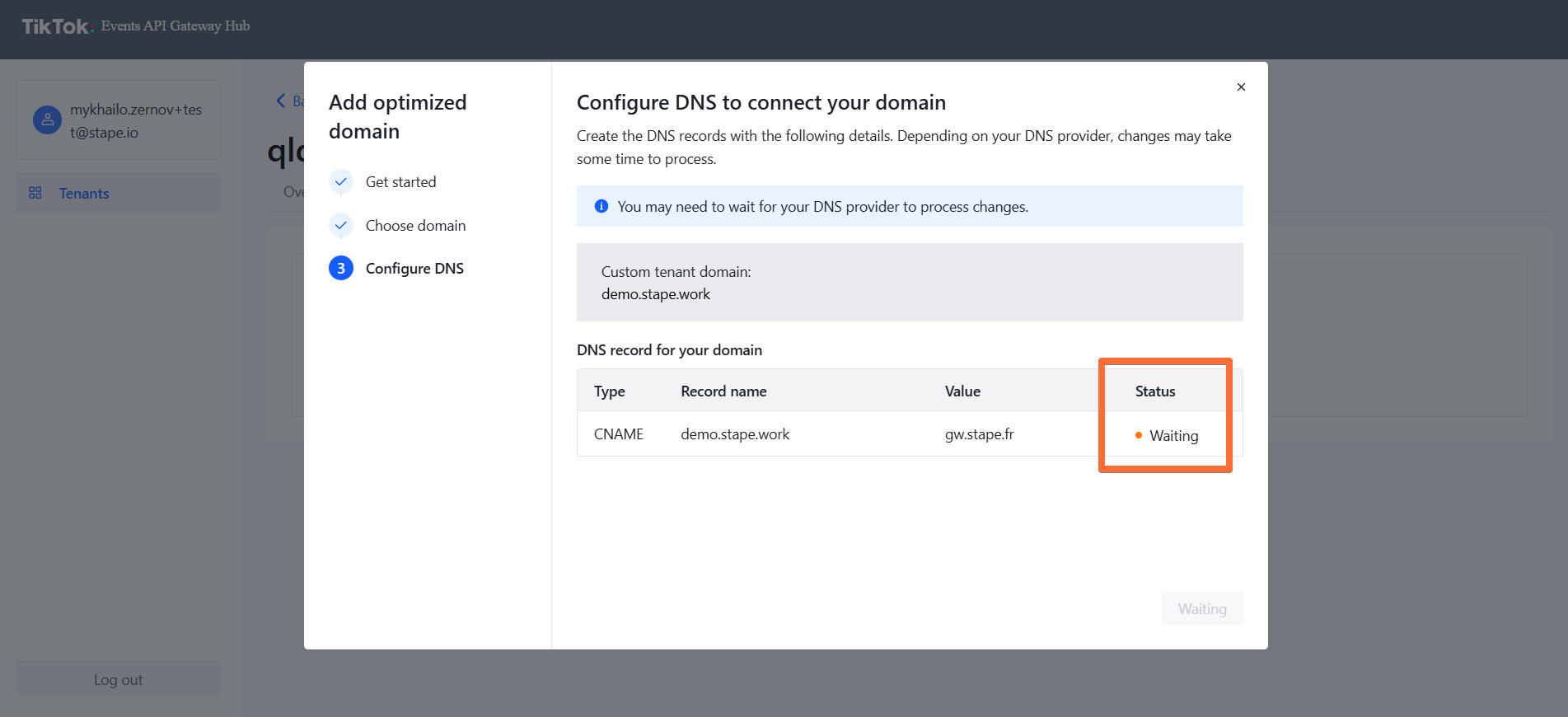 Waiting status in the TikTok Events API Gateway Hub