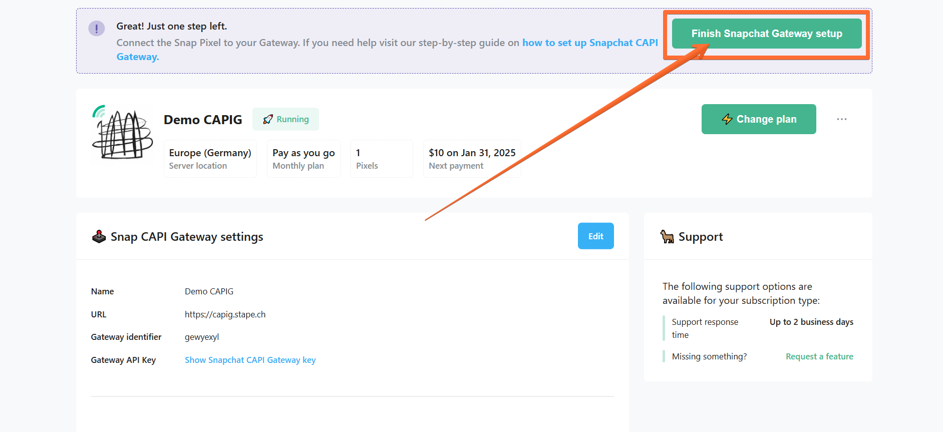 Click Finish Snapchat Gateway setup