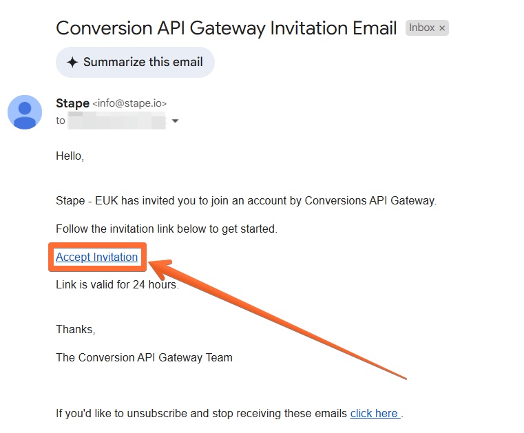 Invitation letter to create an account in the Meta Conversions API Gateway hub