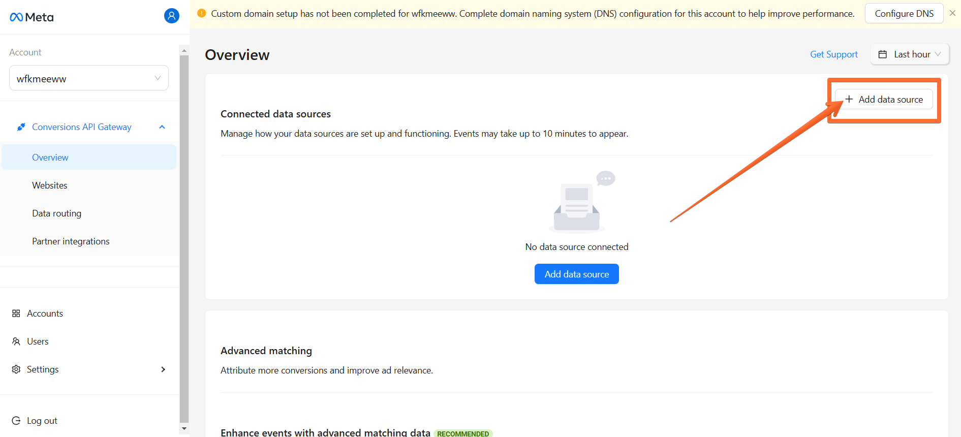Add data source in&nbsp;your Meta Conversions API Gateway hub