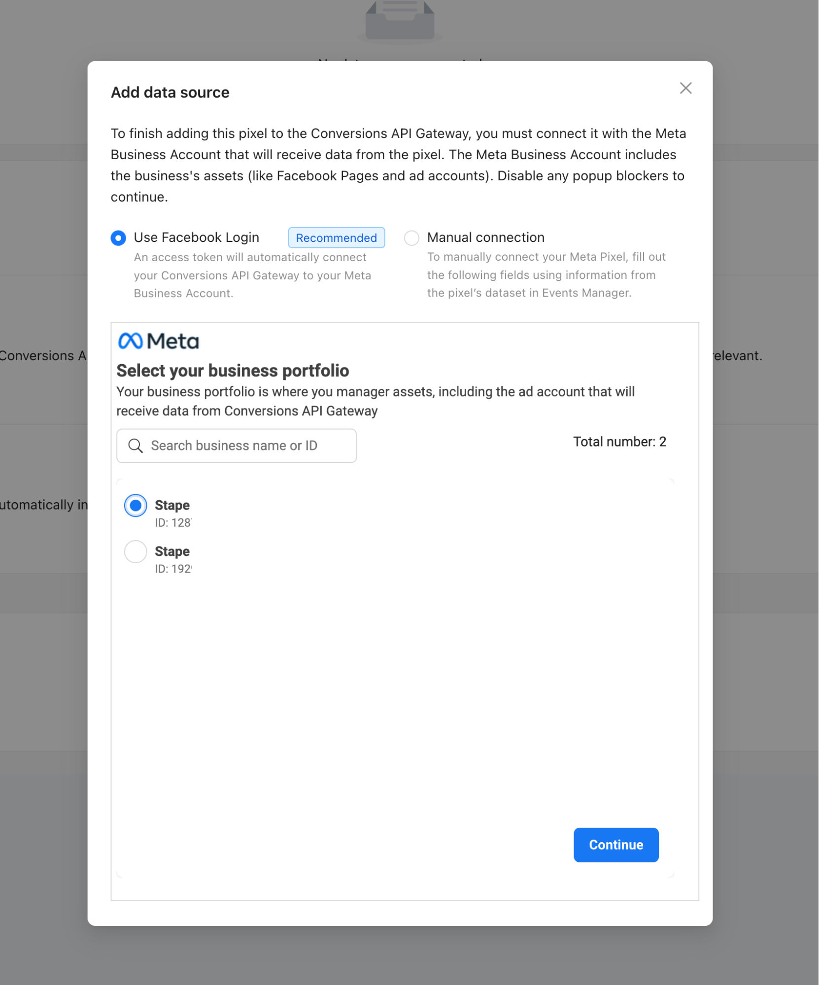 Select your business account and the Pixel you want to add