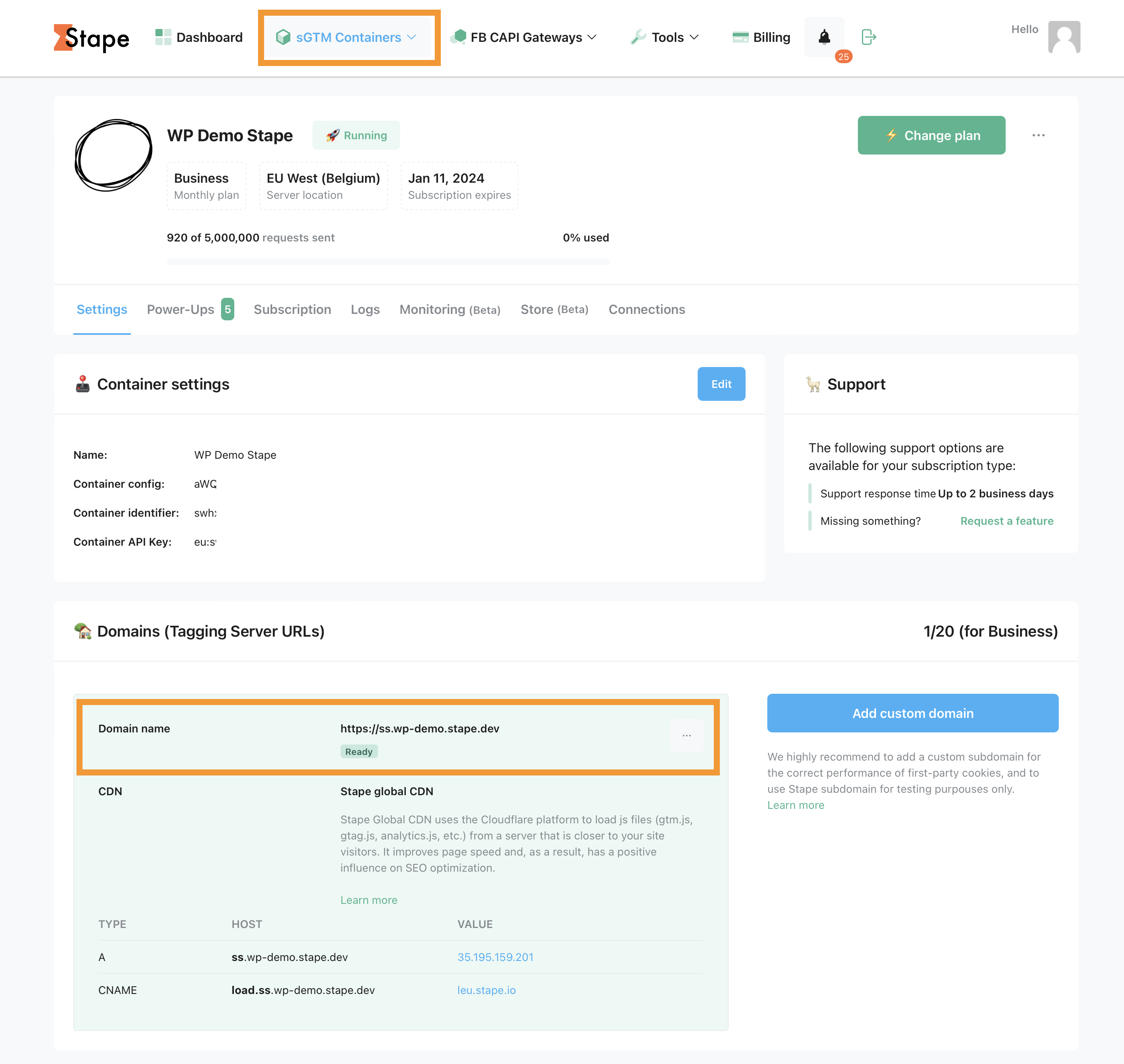 Open sGTM container and scroll to Domains