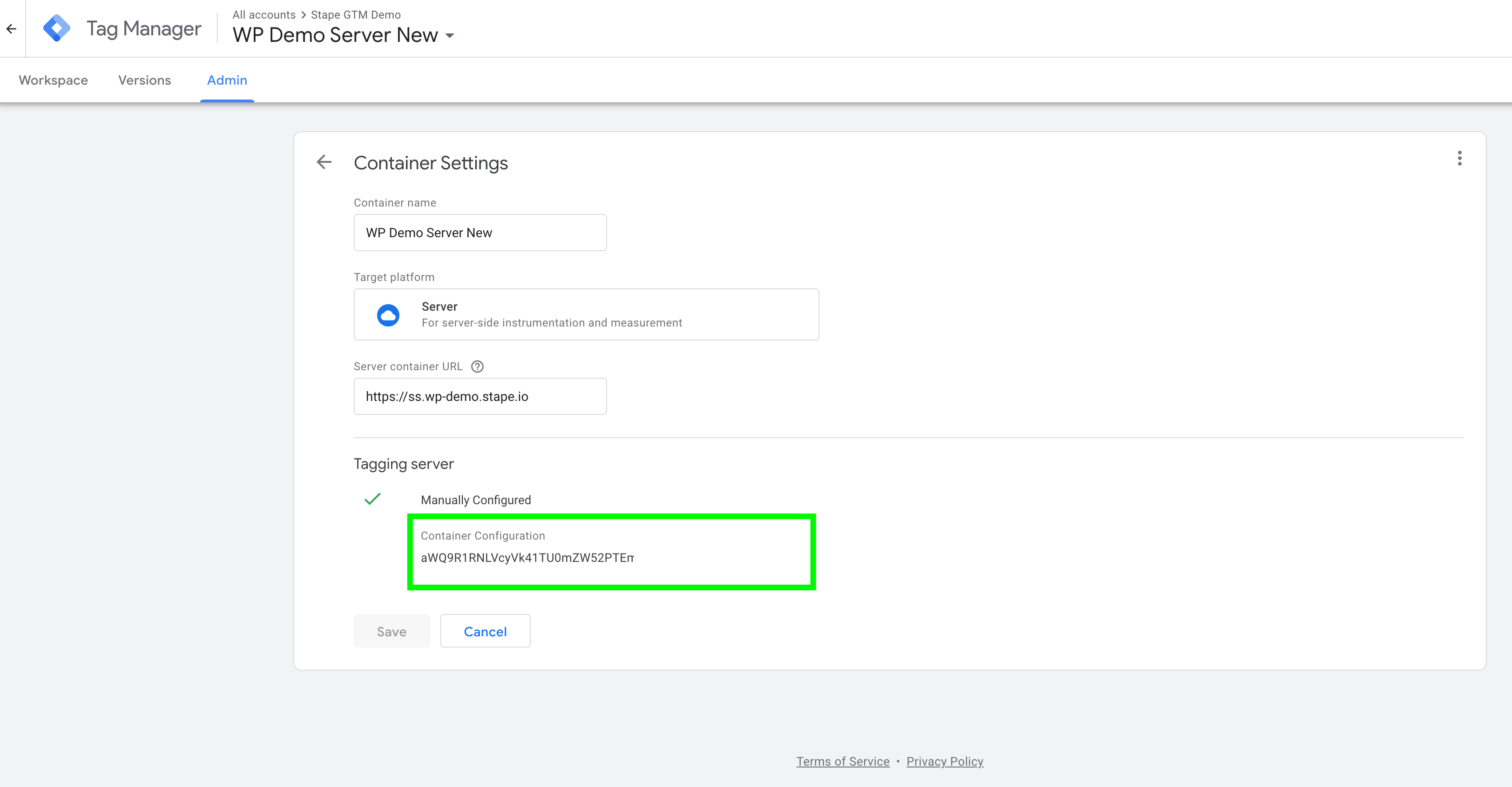 Finding server GTM container configuration