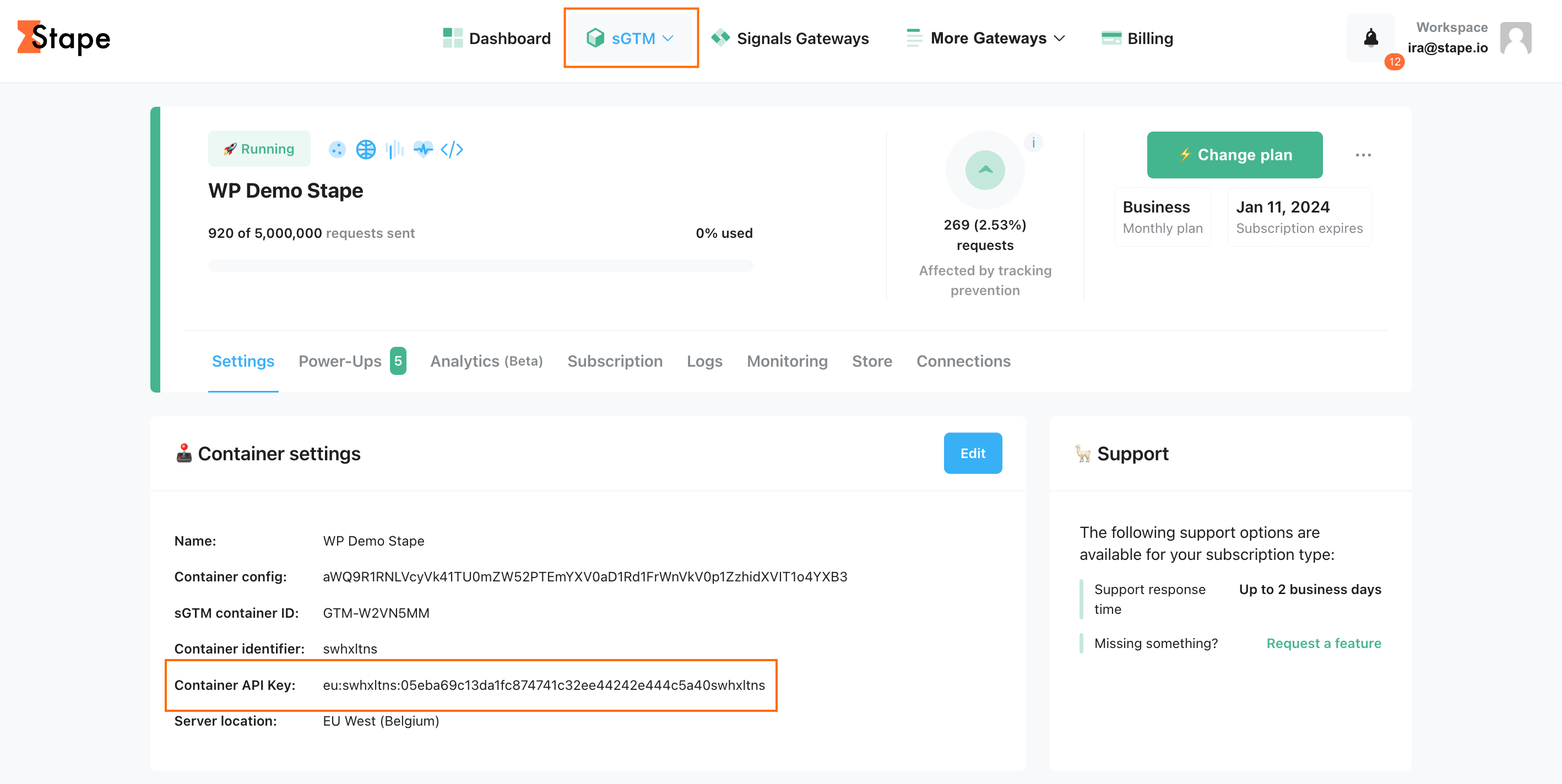 Container API Key in the Container settings section
