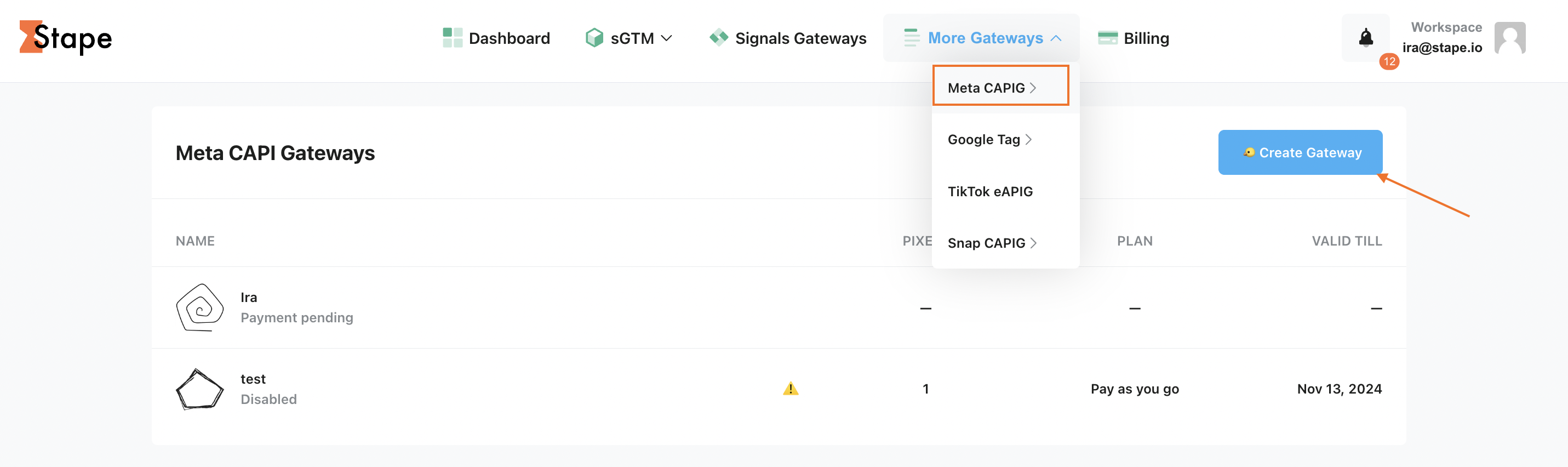 Create Gateway button