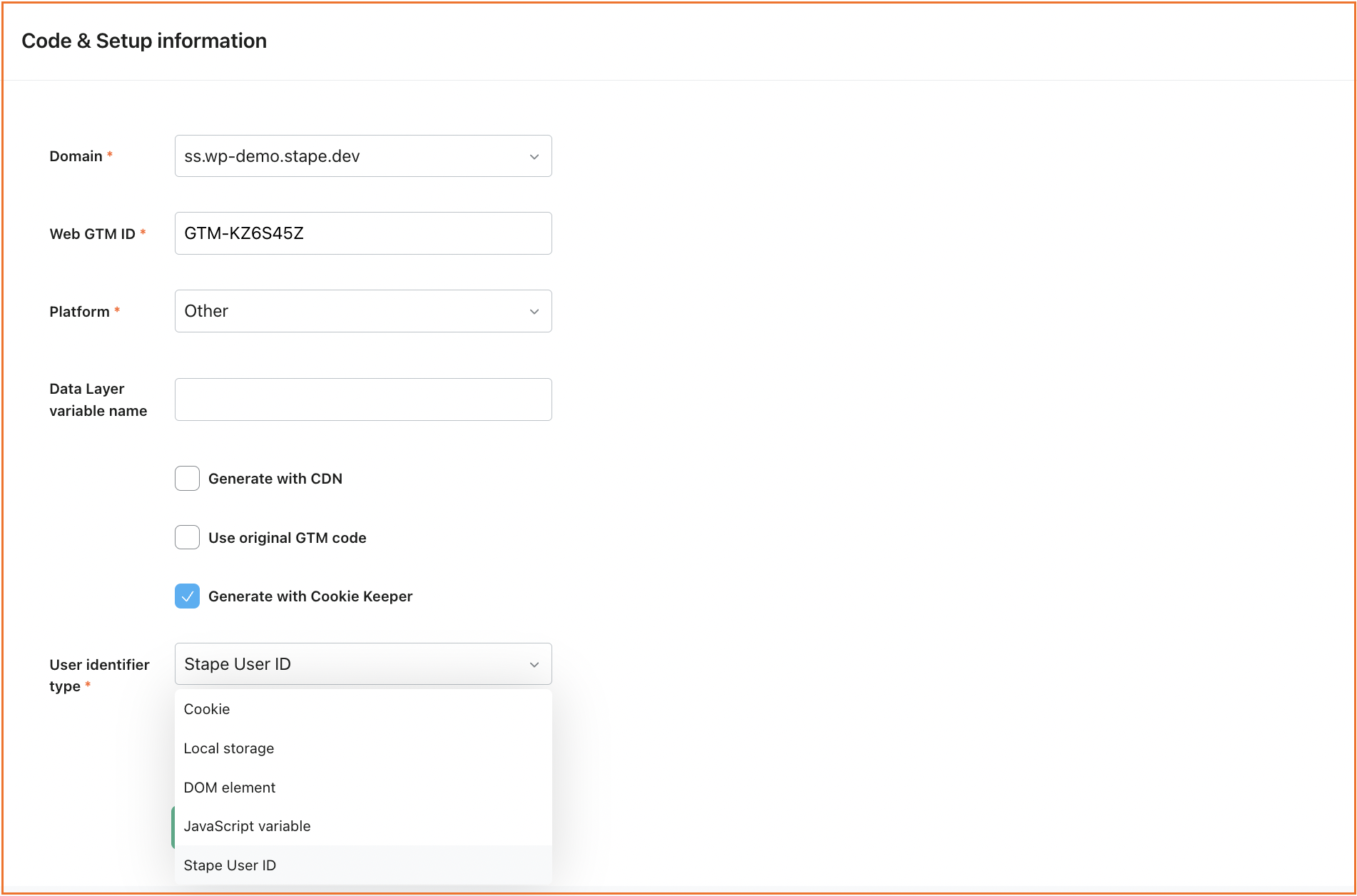 Different options in the User Identifier type field