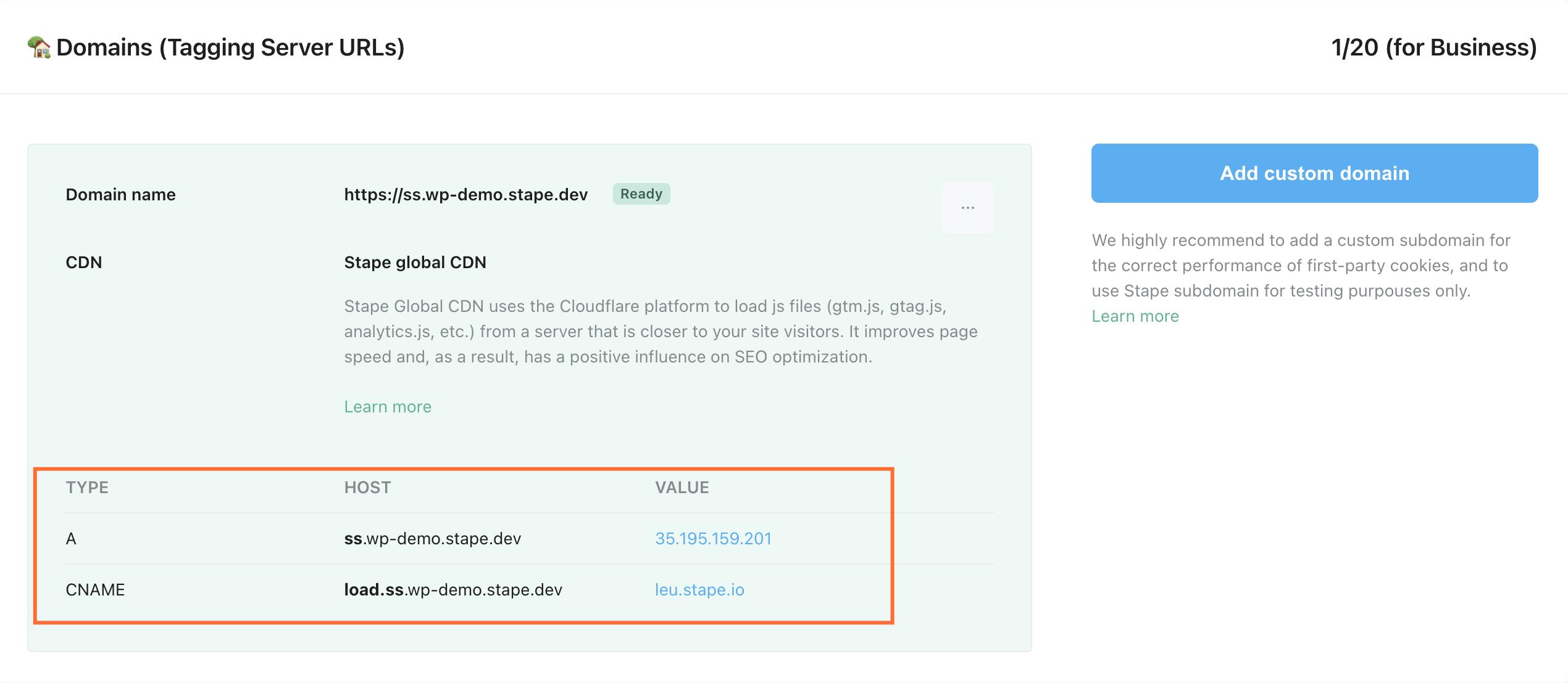 DNS records provided by Stape