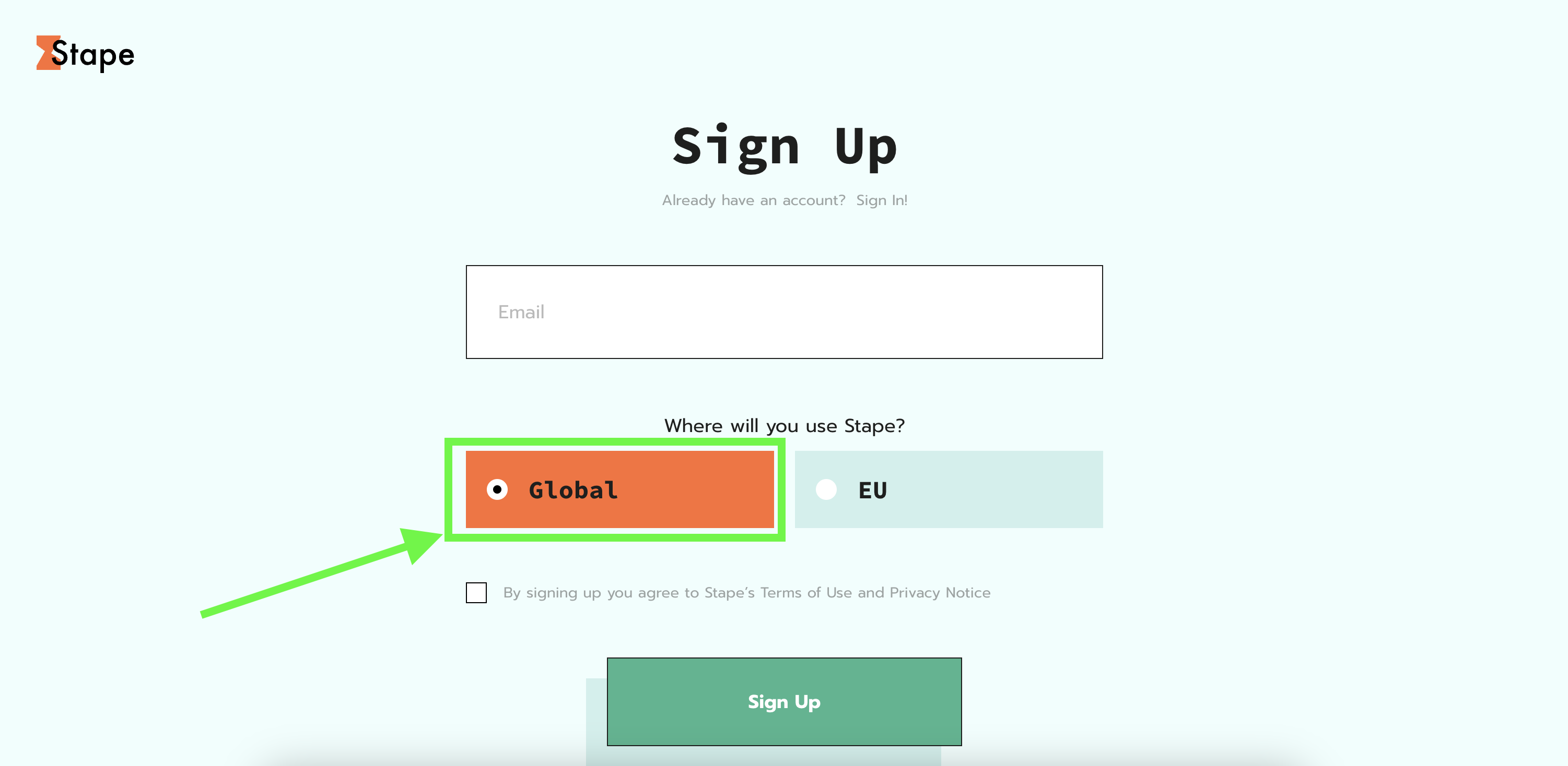 Selecting Global on the sign-up page