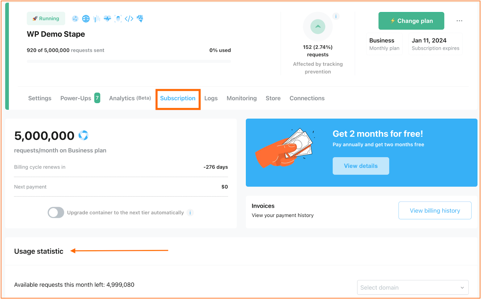 The Usage Statistic dashboard