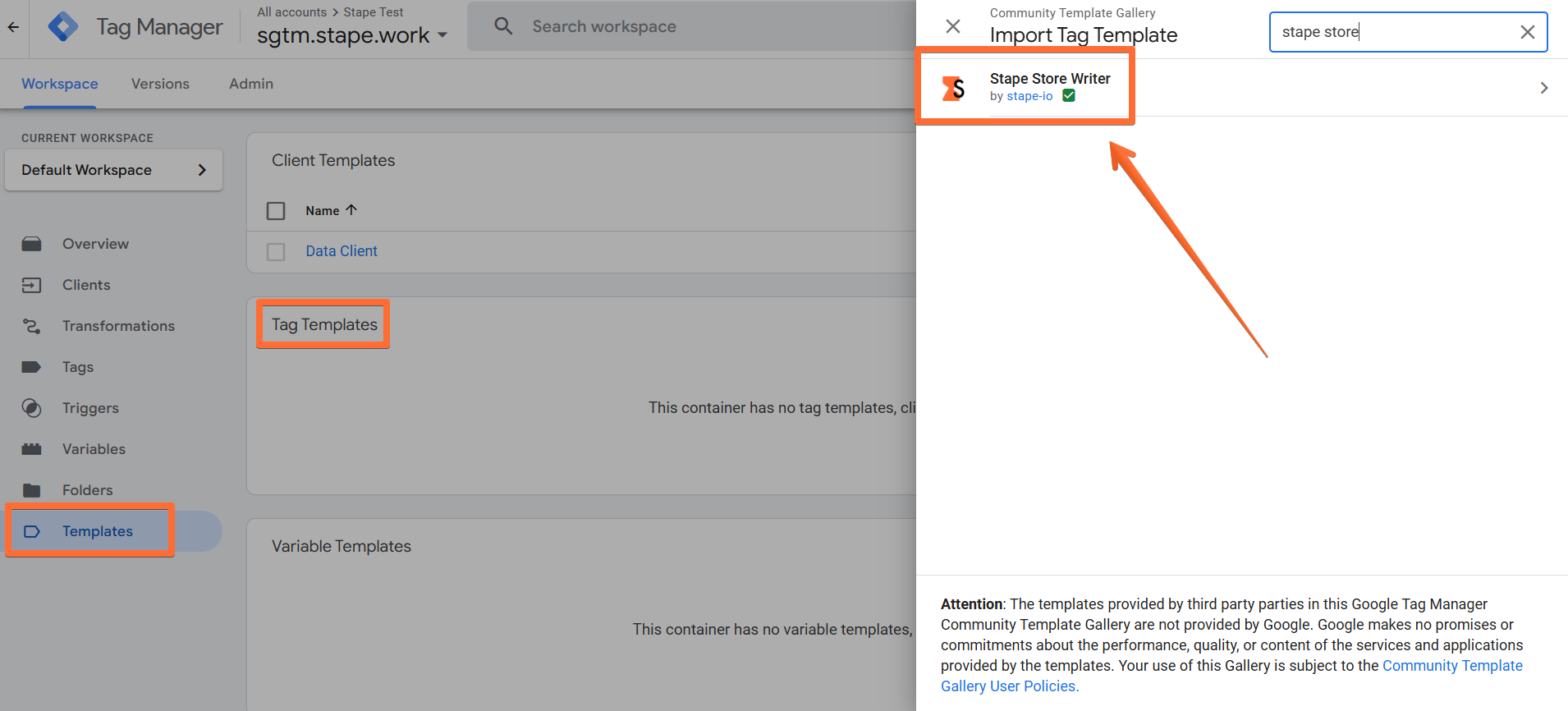 Install the the Stape Store Writer template