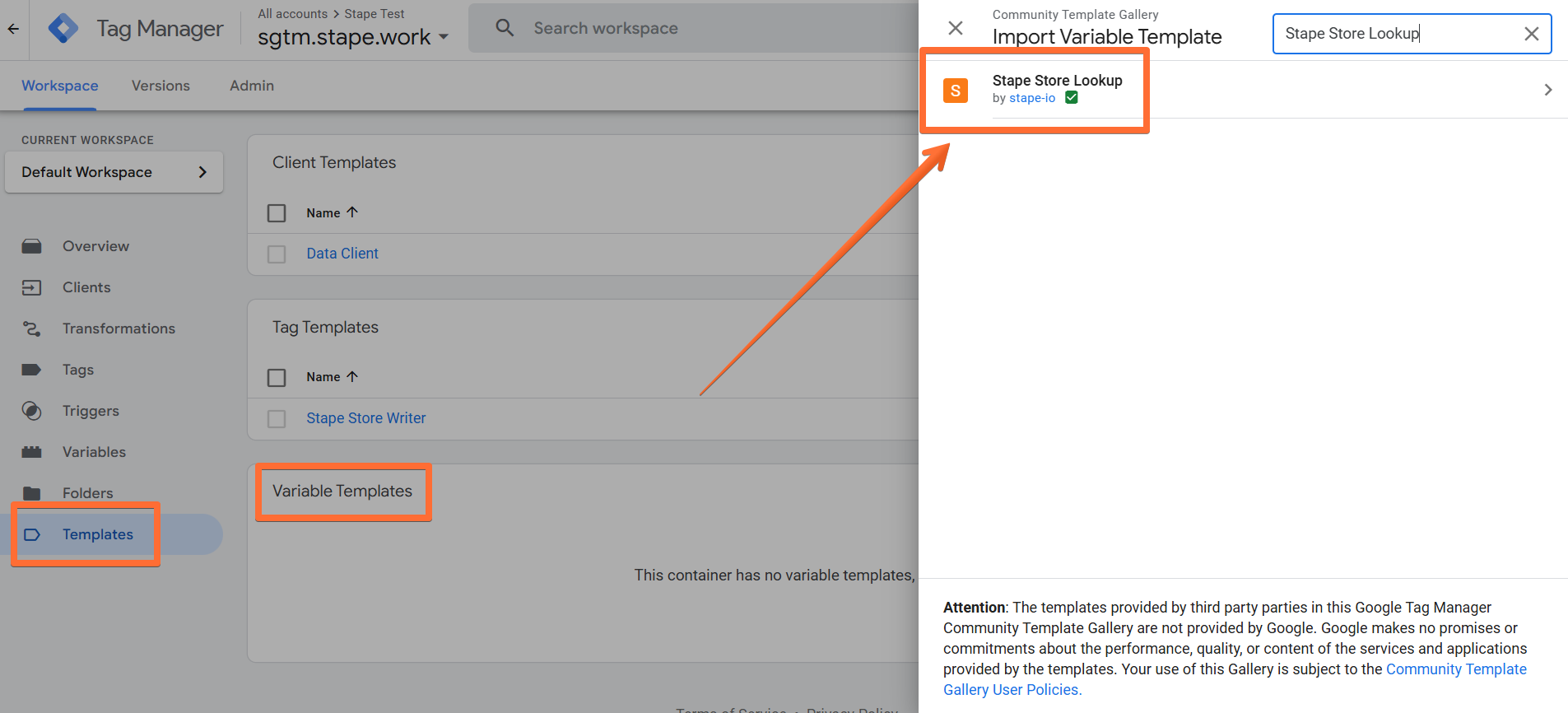 Install the the Stape Store Lookup template