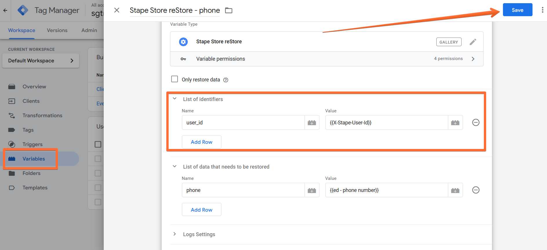 Configure the Stape Store reStore variable