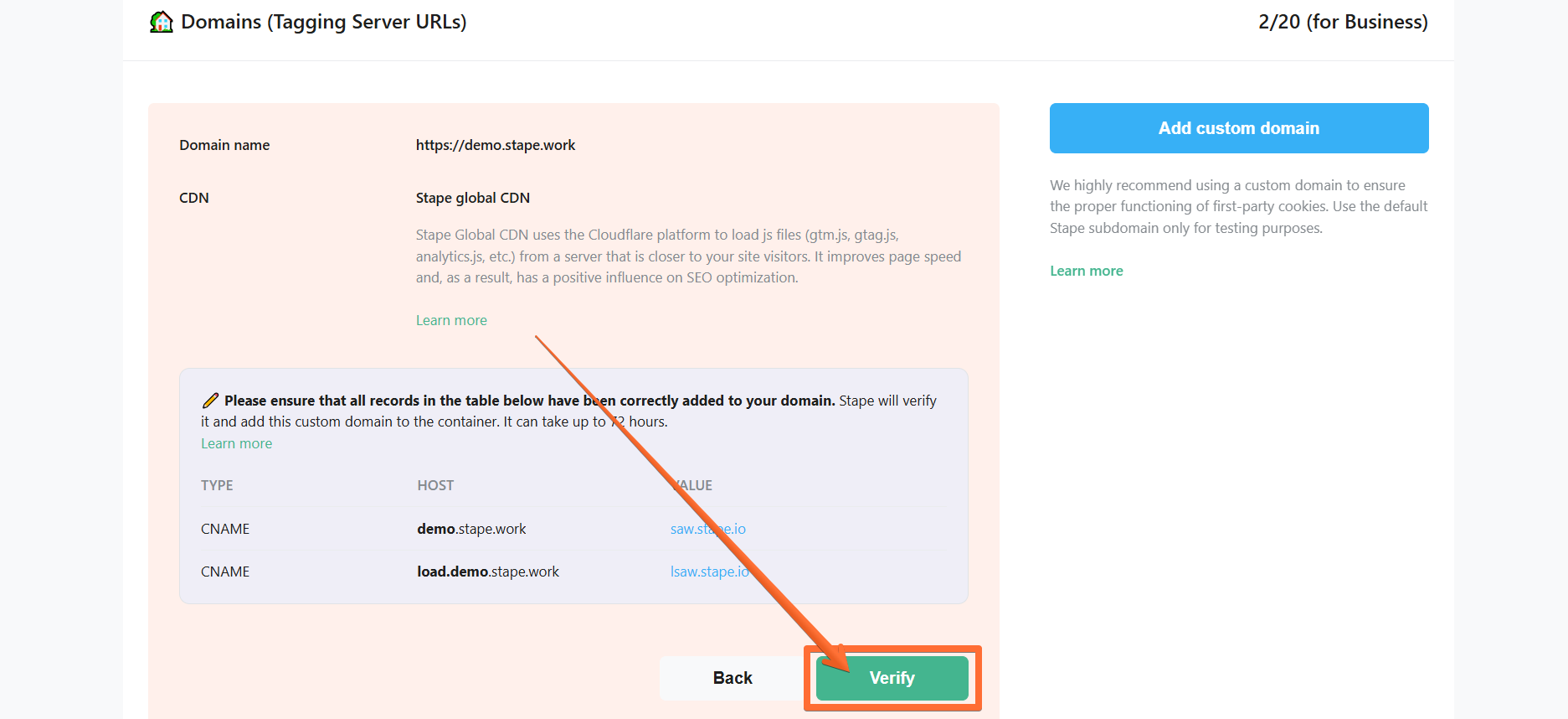 Click Verify to add custom domain