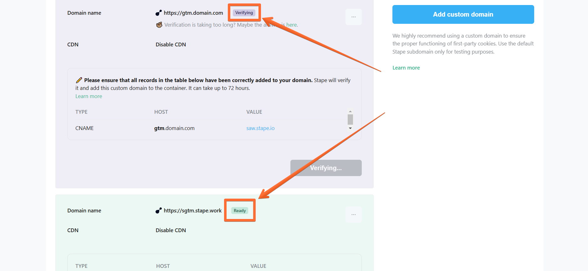 Wait for Stape to finish verifying your custom domain