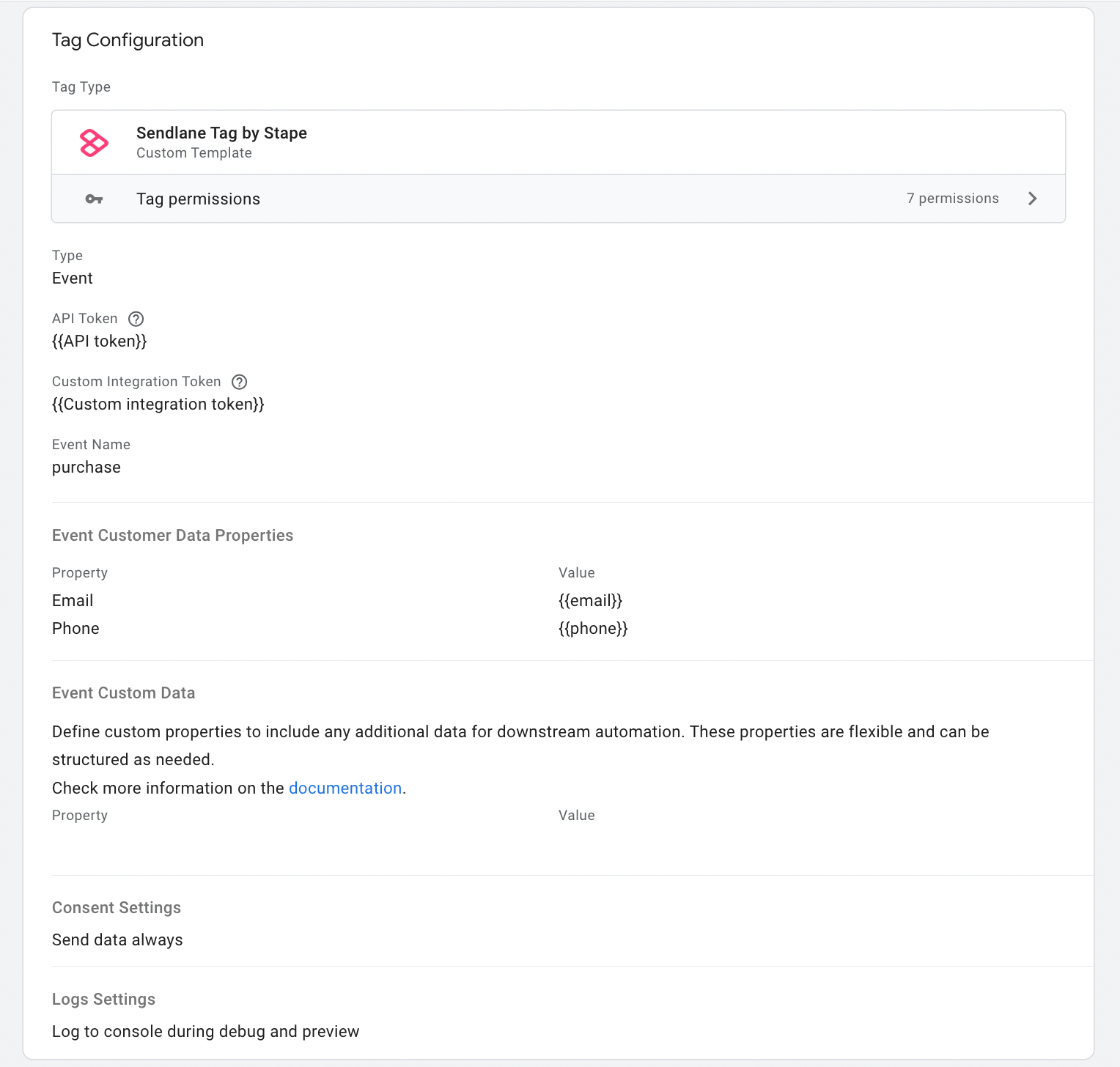 Example of tag configuration