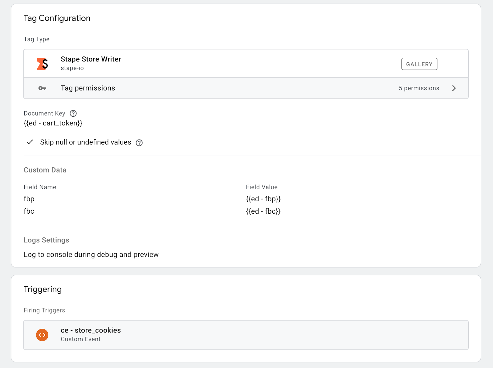Stape Store Writer tag config