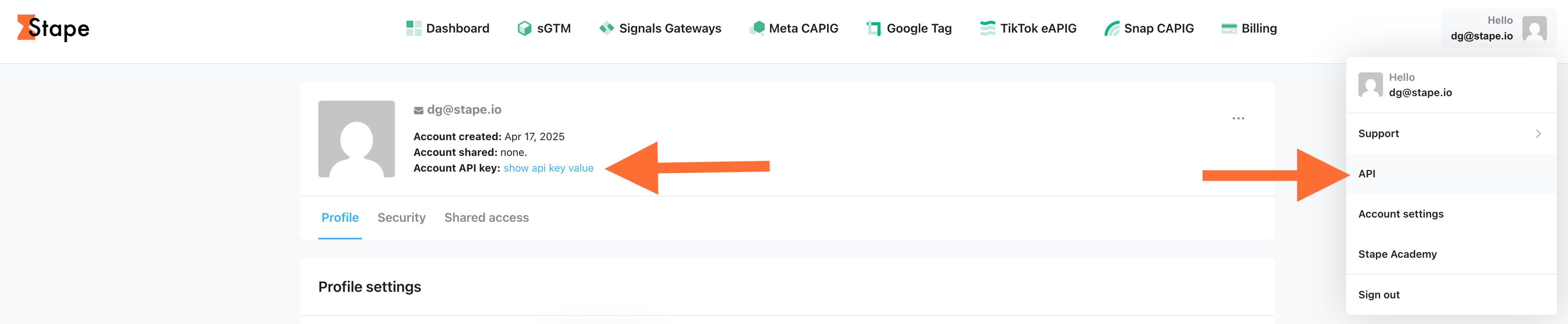 Container API sleutel in Stape account