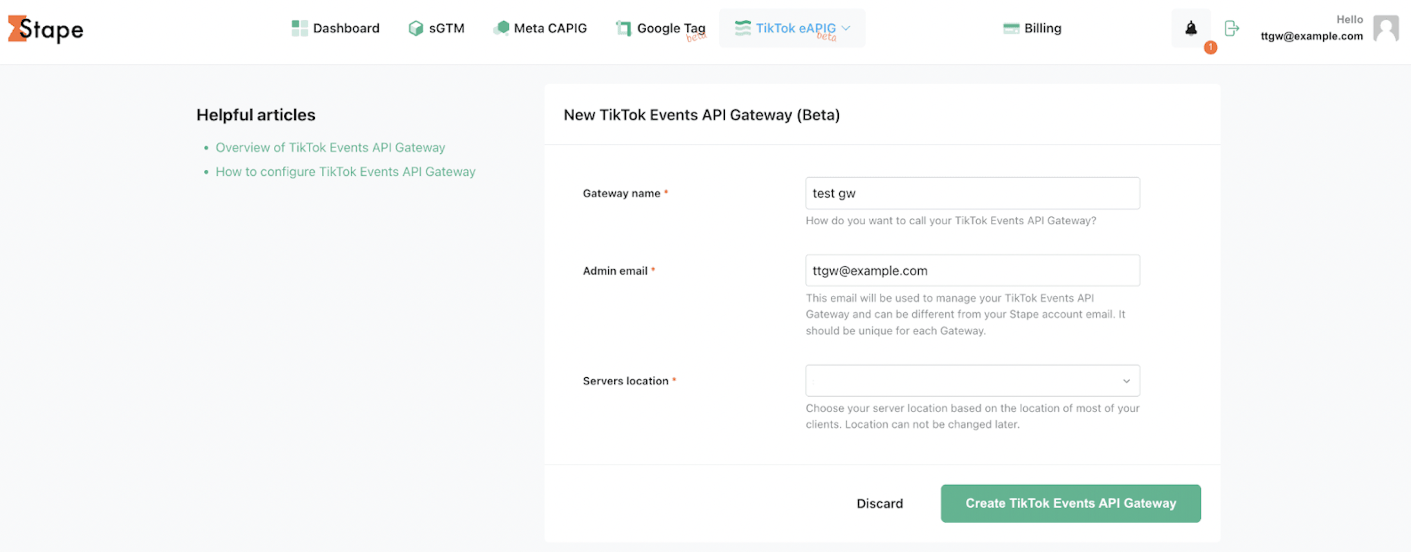 Click “Create TikTok Events API Gateway”.