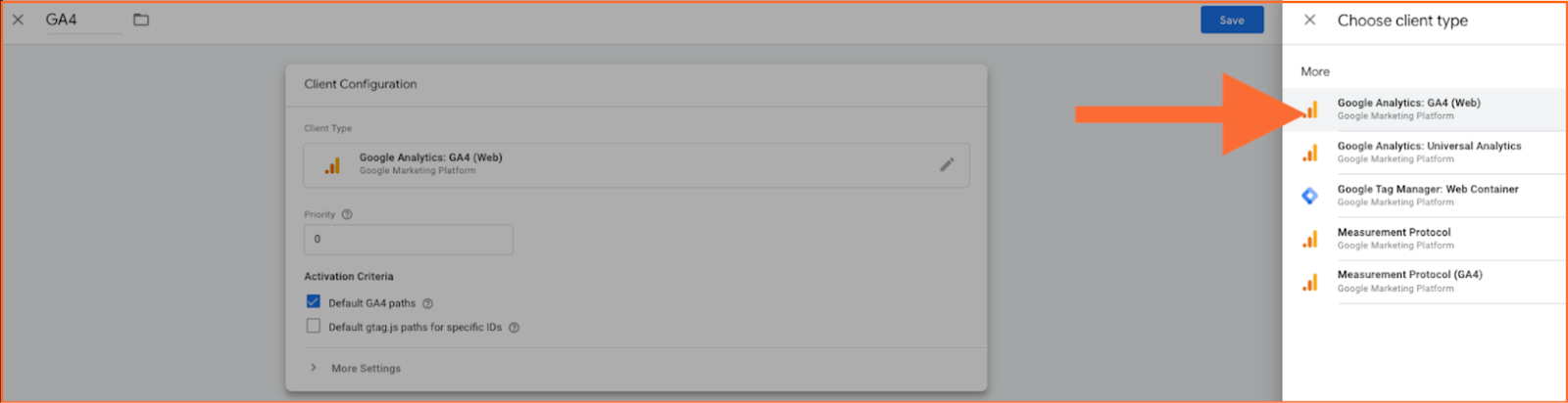 Choose Google Analytics: GA4 (web) and click Save