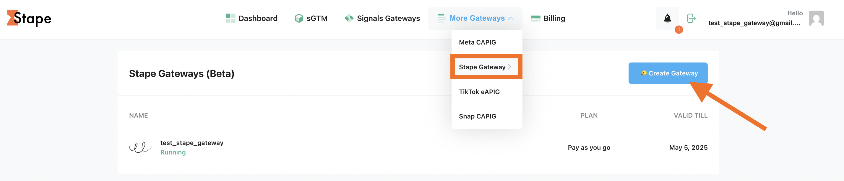Create a Stape Gateway on Stape