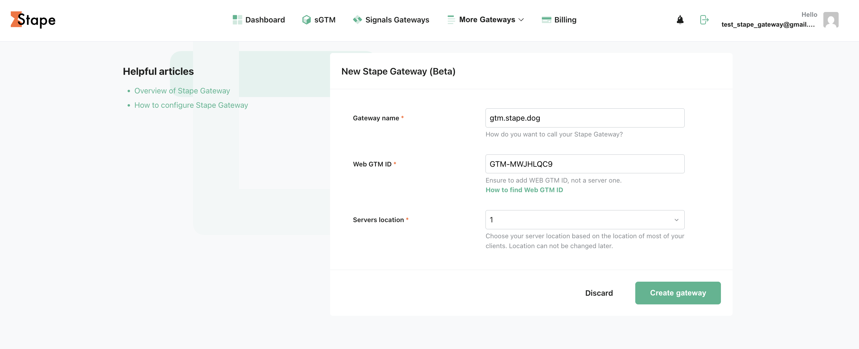 Create a Stape Gateway on Stape