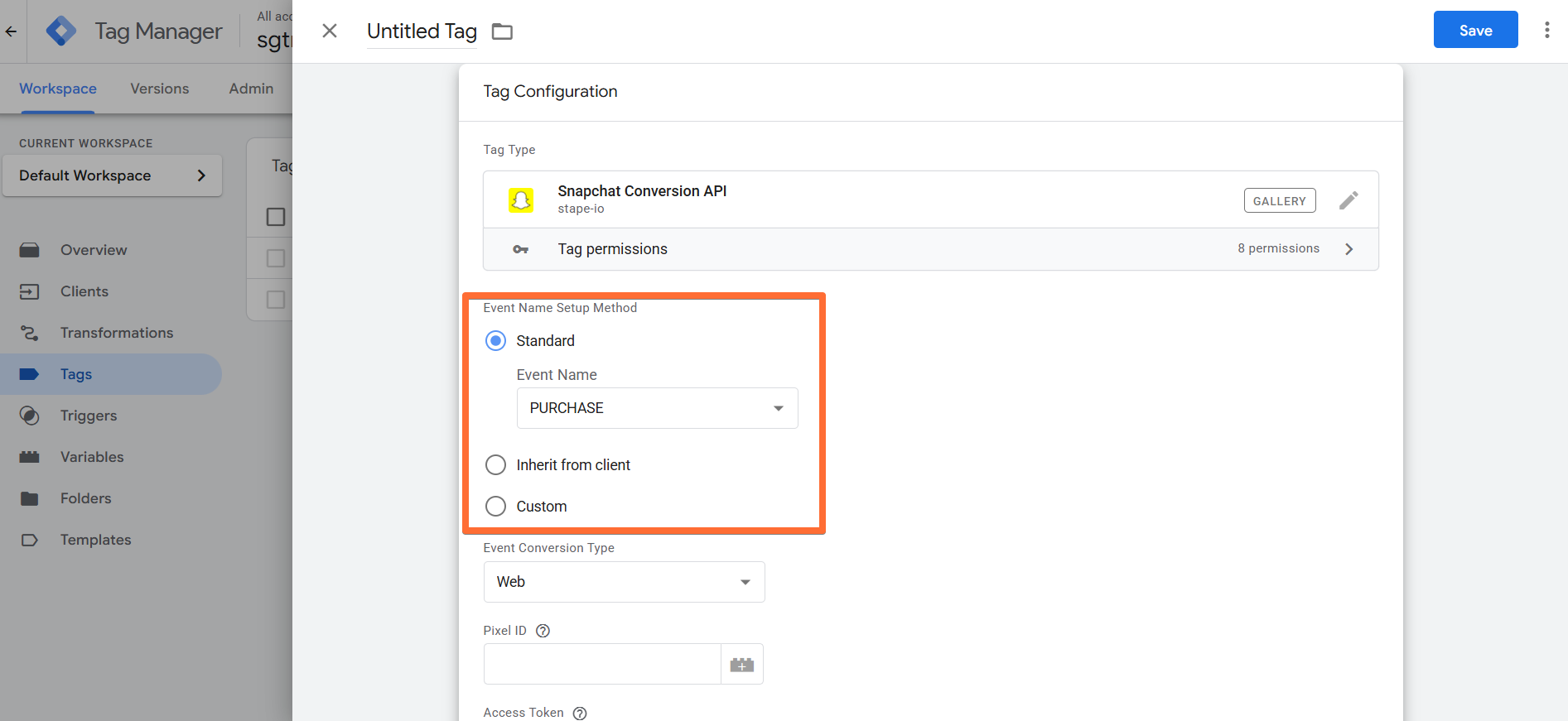 Select the event name under Event Name Setup Method