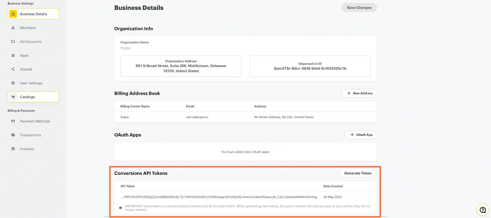 Generating Token in the Conversions API Tokens section