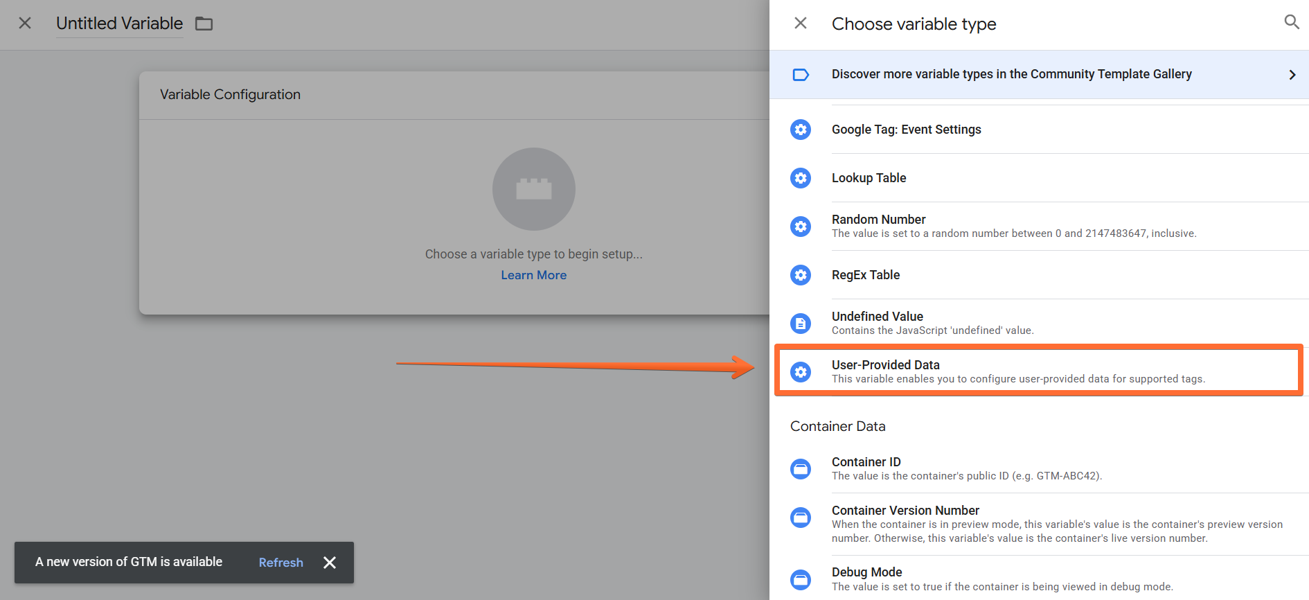 Search for the User-Provided Data configuration