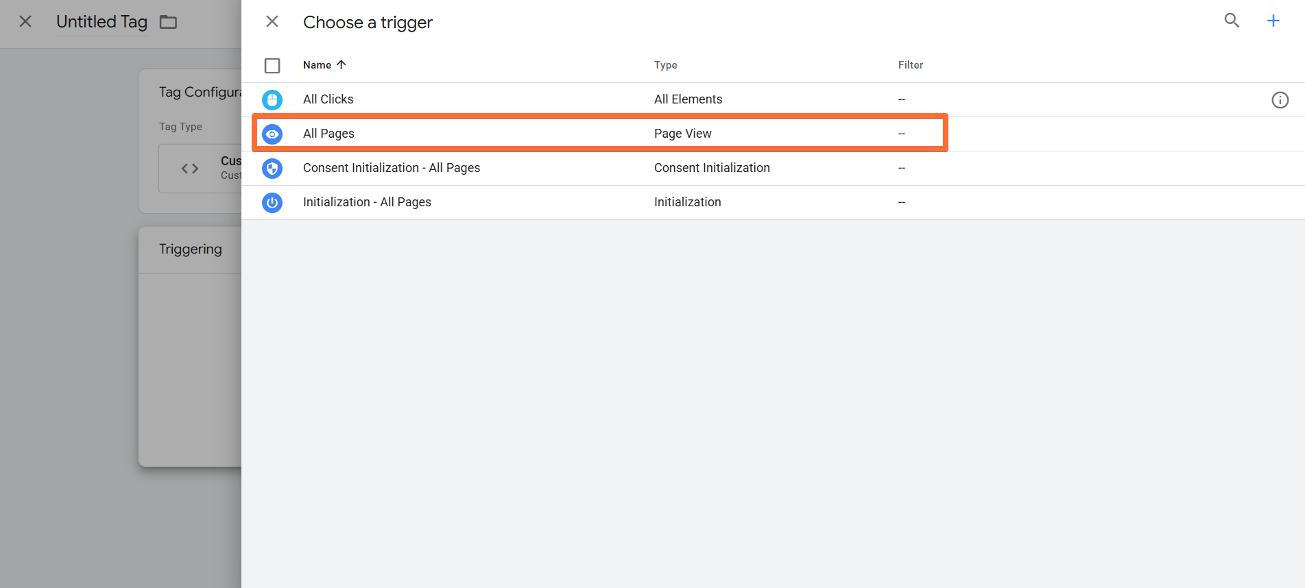 Select all pageviews&nbsp;as the tag’s trigger