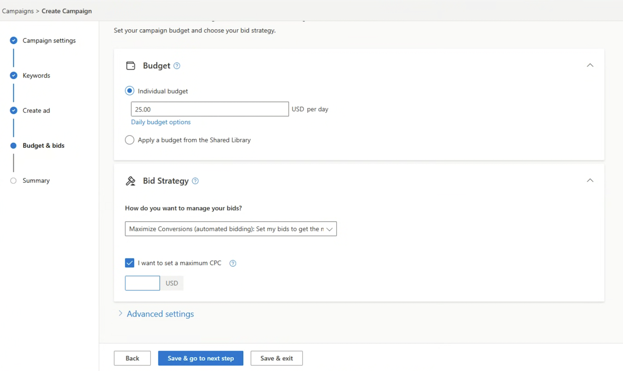 Set the budget and bidding in Microsoft Ads