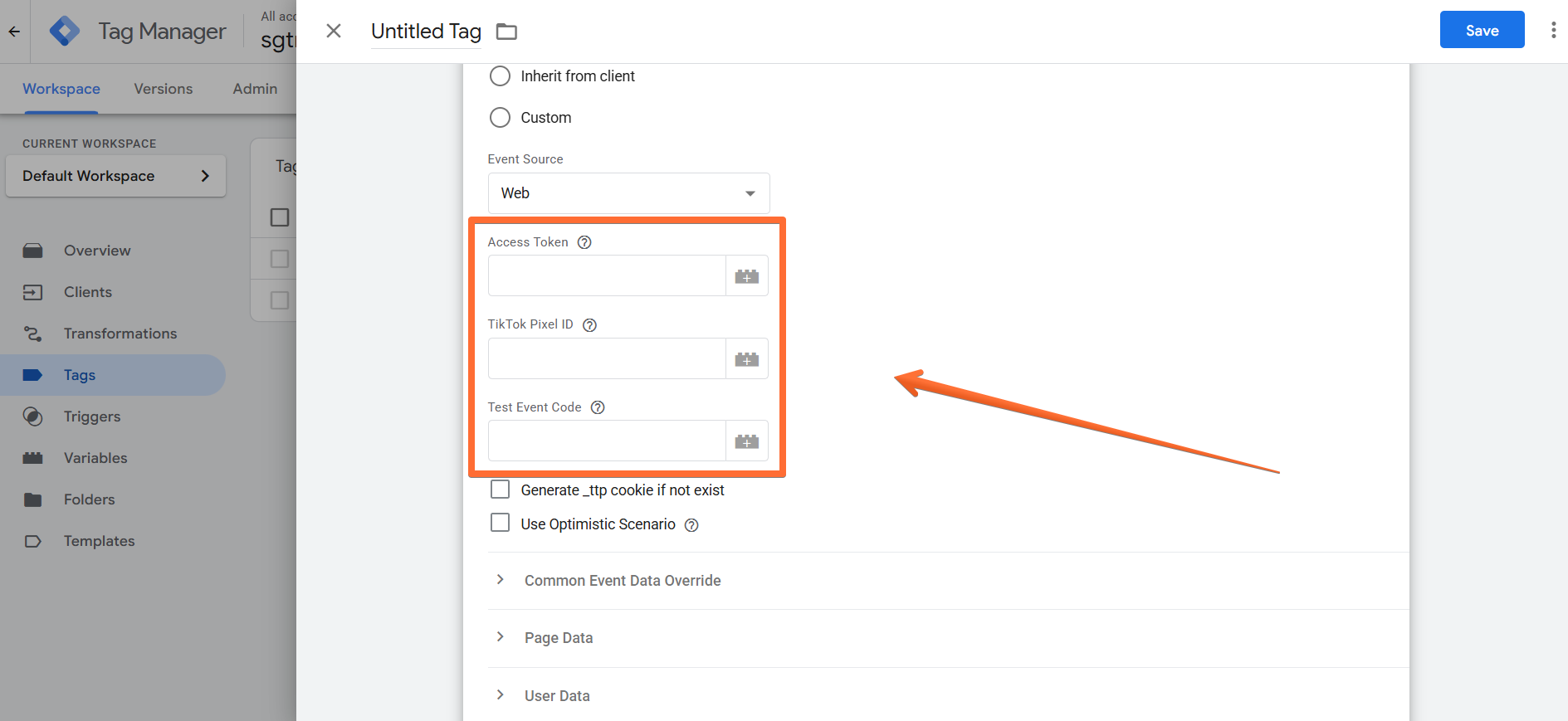 Add TikTok API Access Token,&nbsp;TikTok Pixel ID and Test Event Code &nbsp;