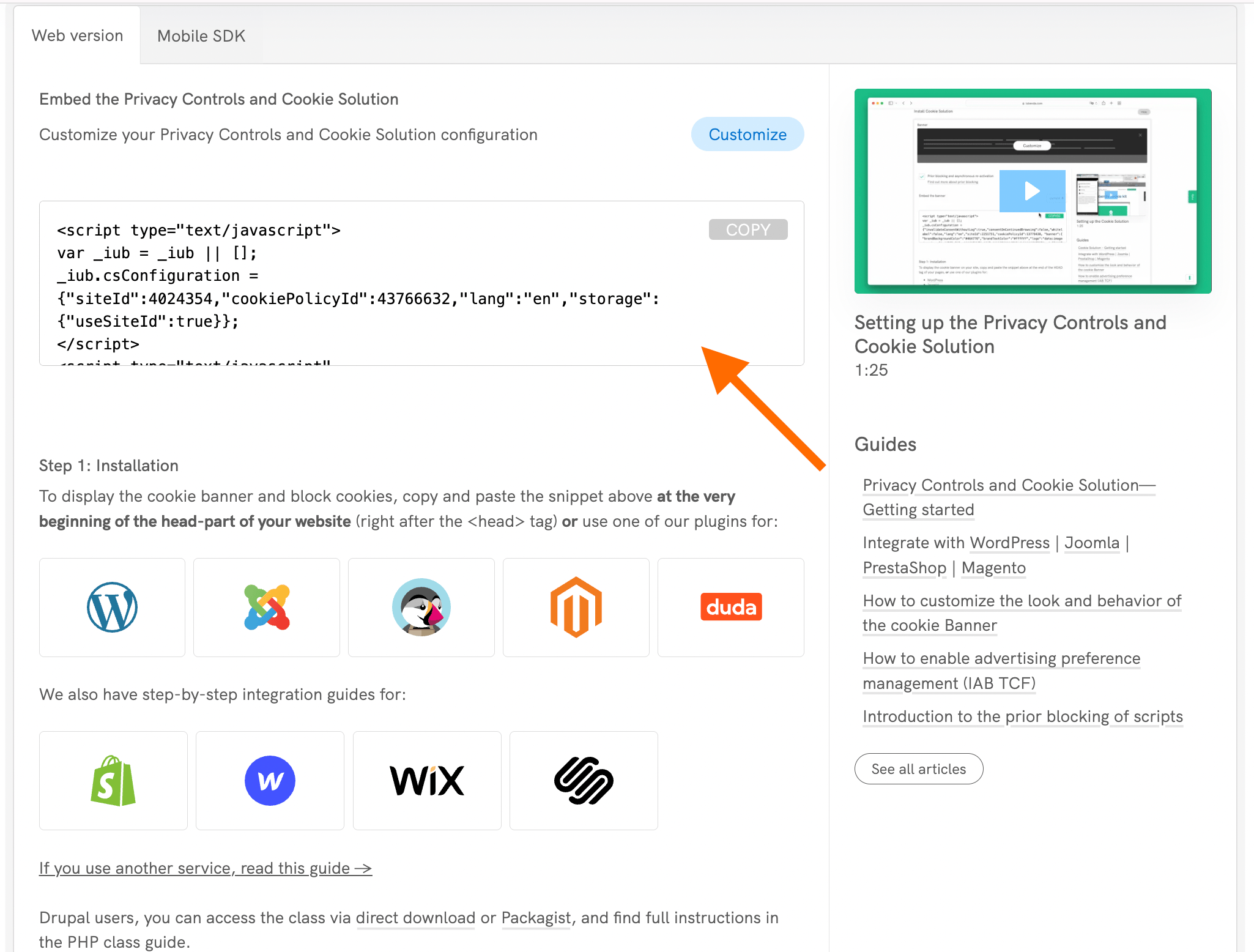 Privacy Controls and Cookie Solution Embedding Code