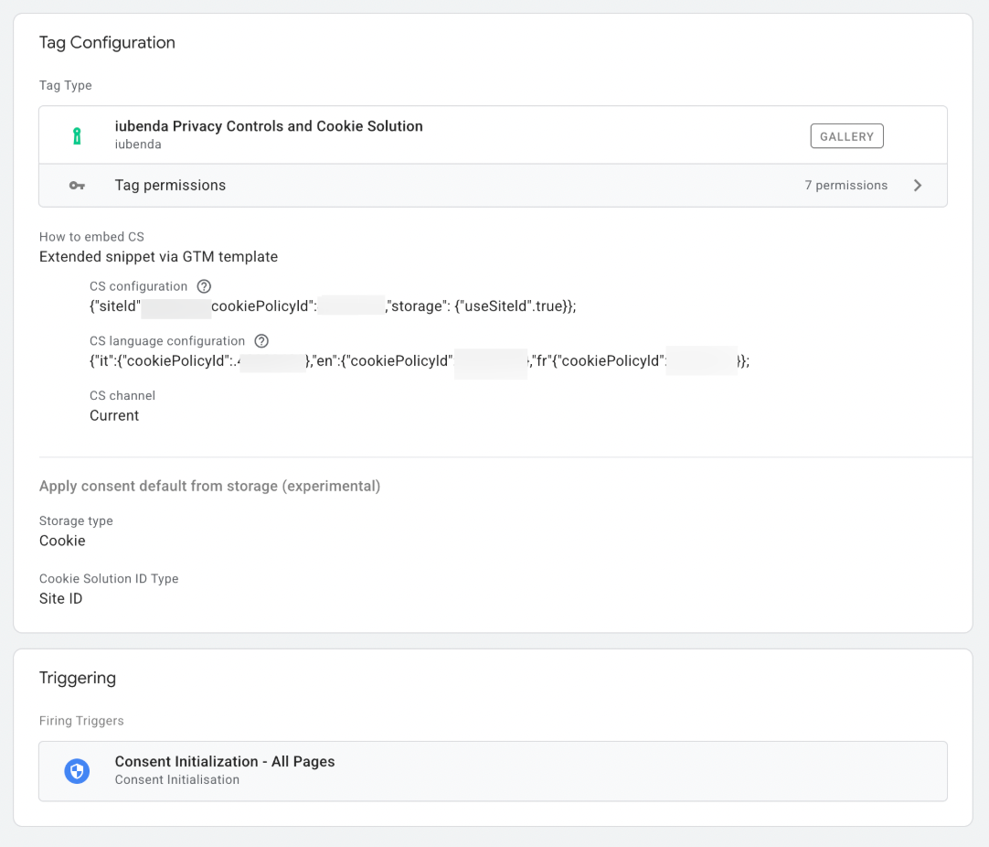iubenda tag configured