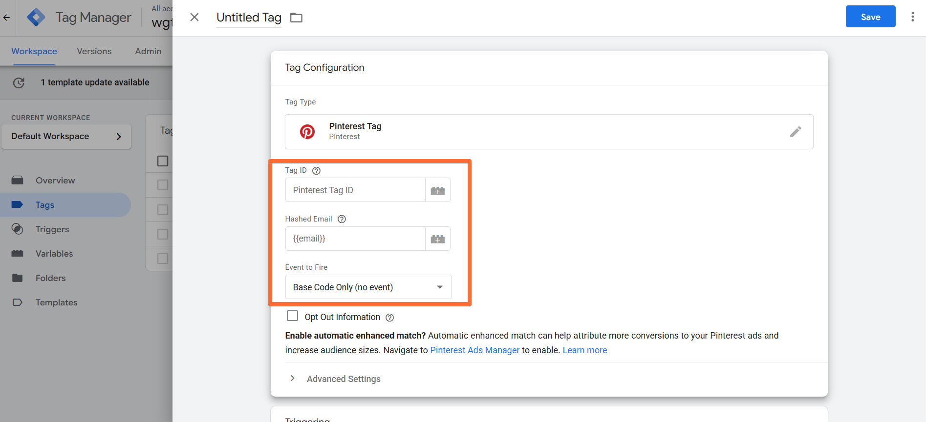 Configure Pinterest tag for the Base code event