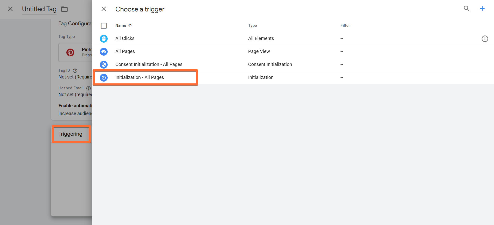 Configuring the tag to trigger on Initialization