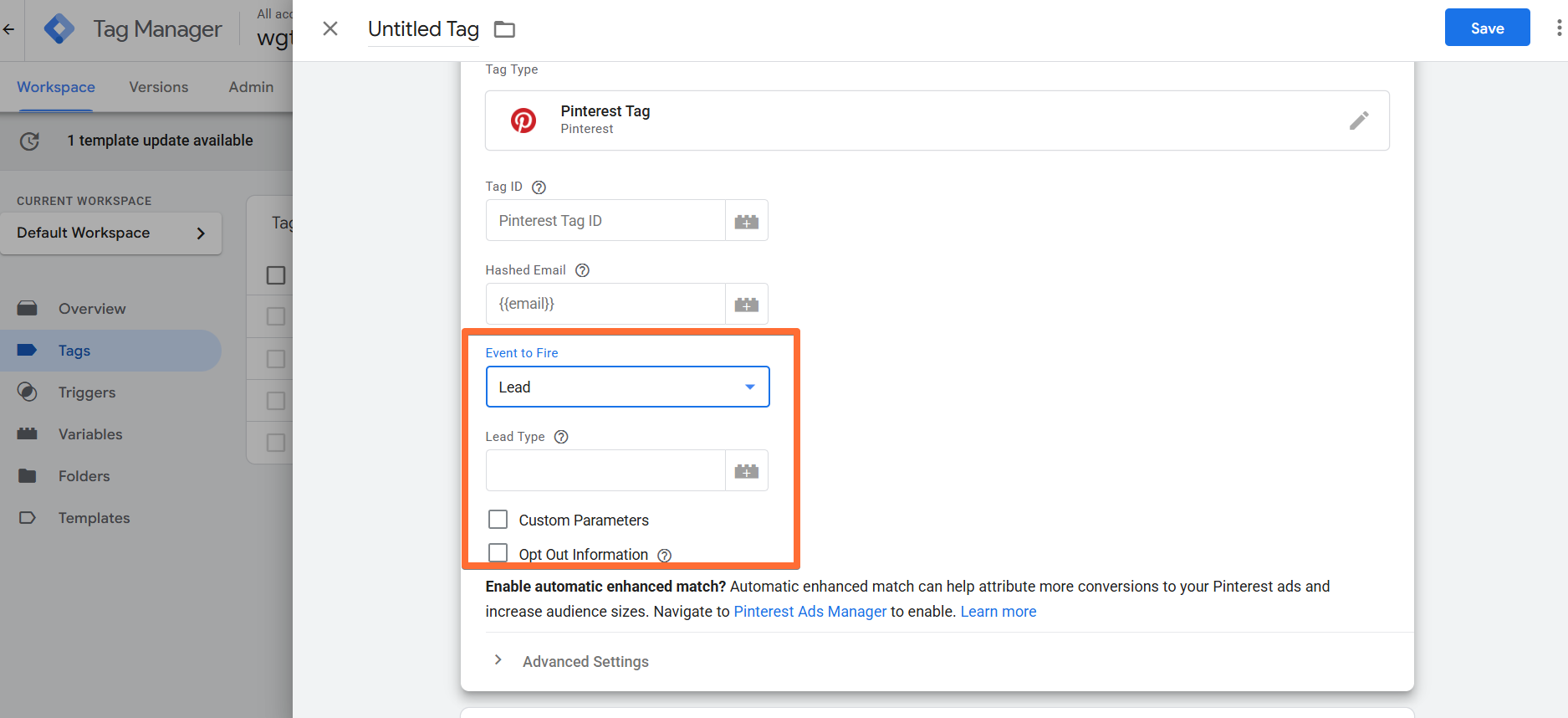 Configuring Pinterest tag for events that you need to track