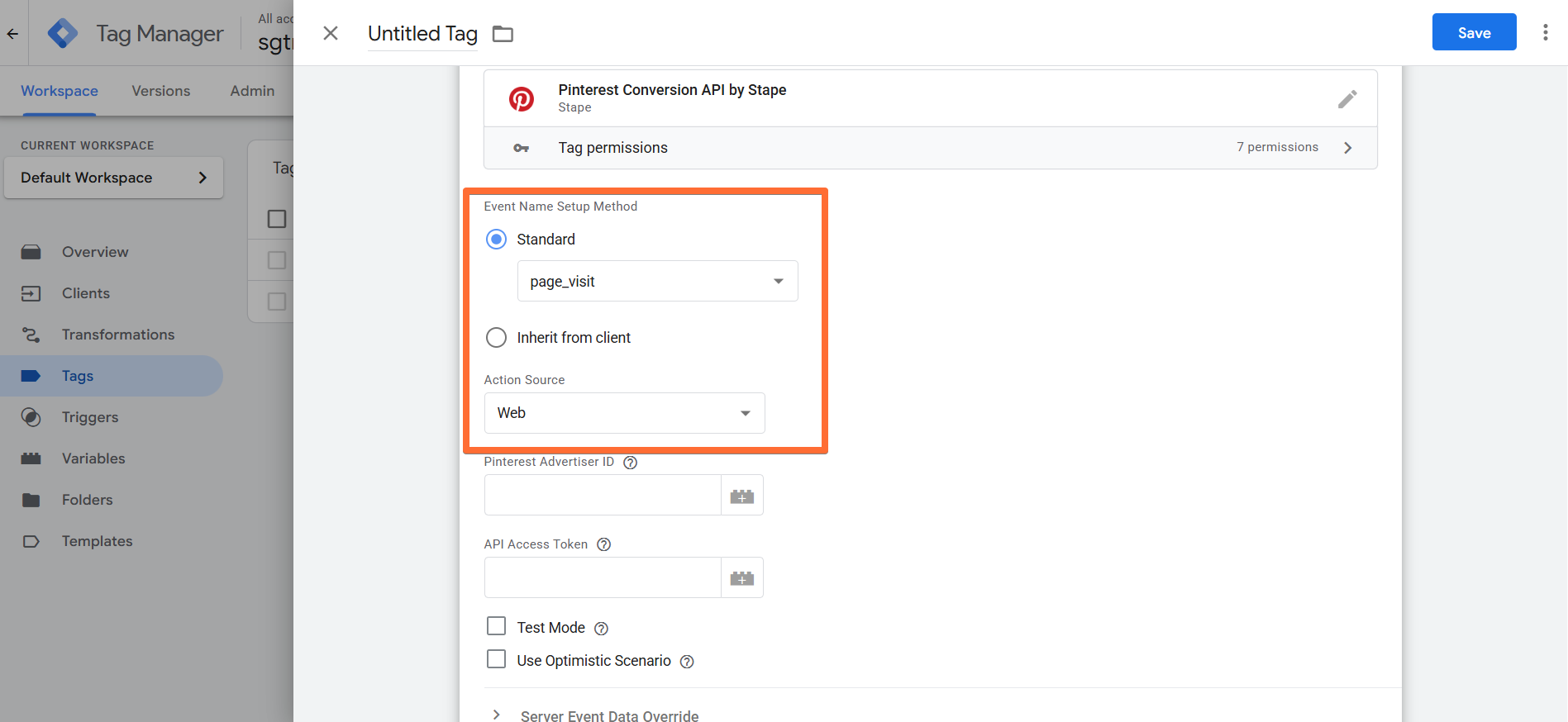 Select Action Source and Event Name Setup Method