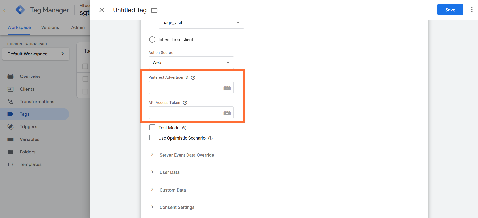 Entering Pinterest Advertiser ID and API Access Token