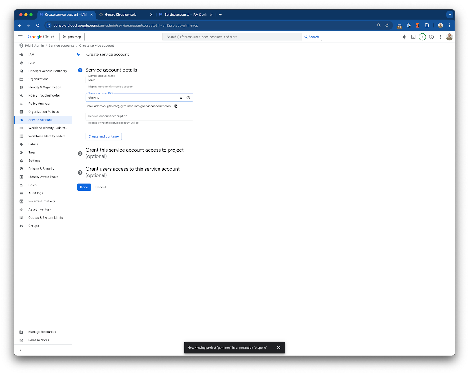 Crie uma conta de serviço no Google Cloud