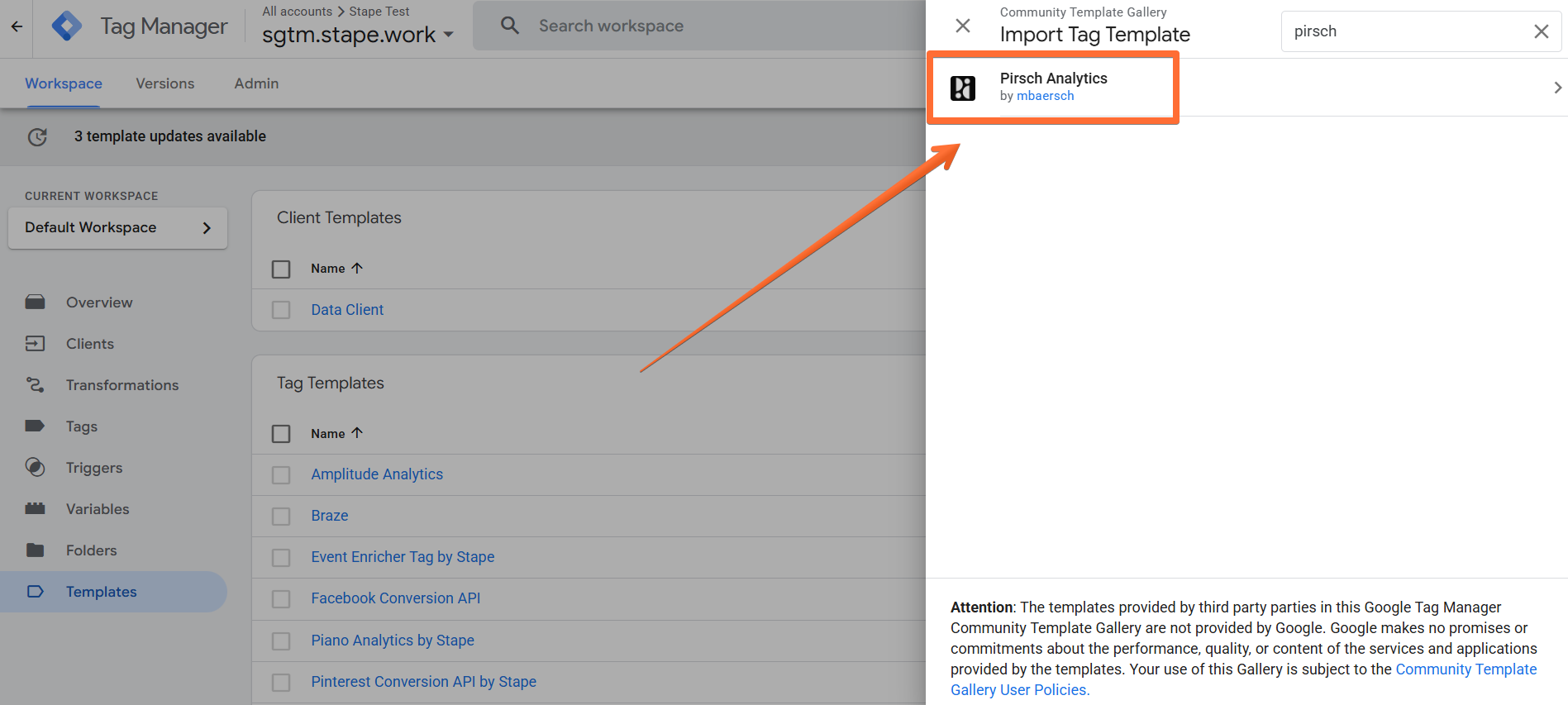 Search for the Pirsch Analytics tag template