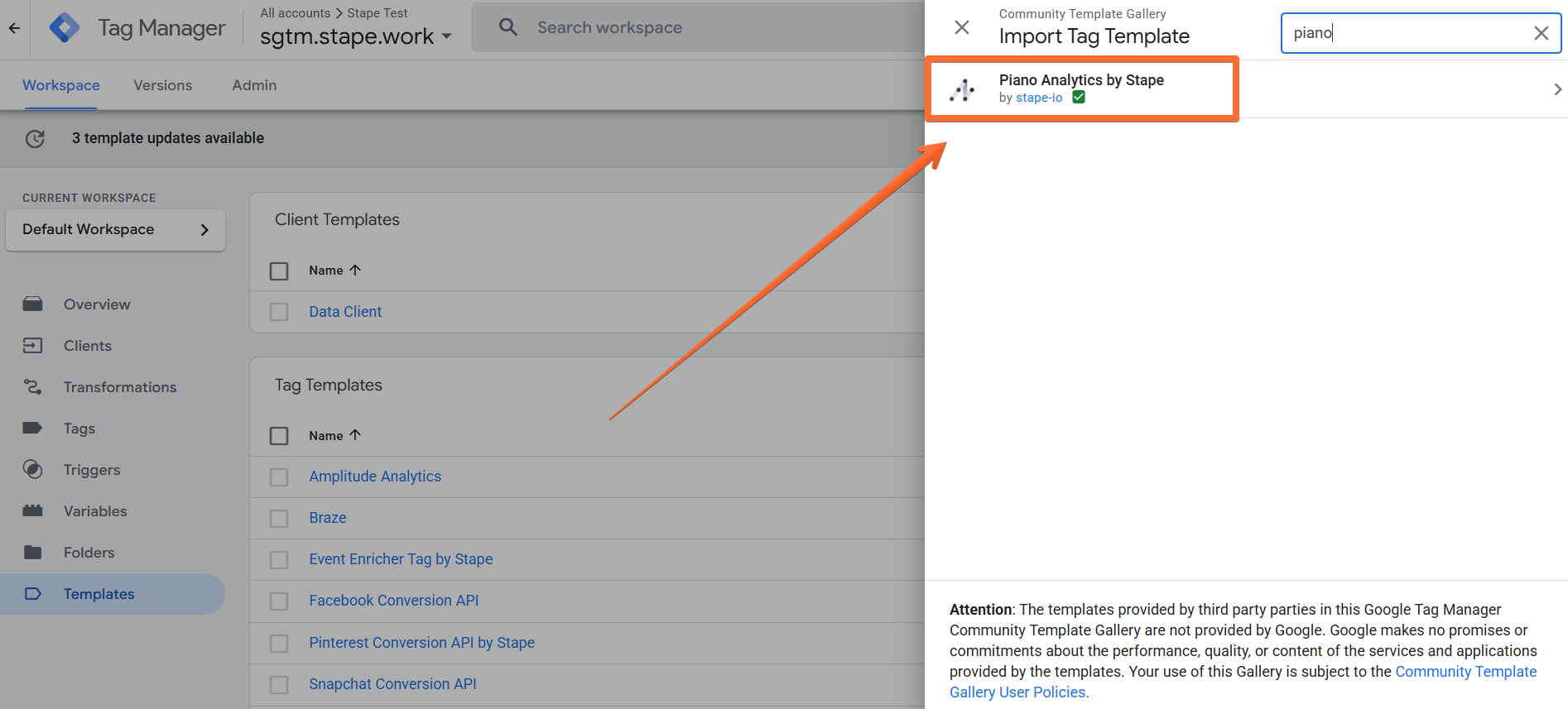 Add the Piano Analytics tag template 